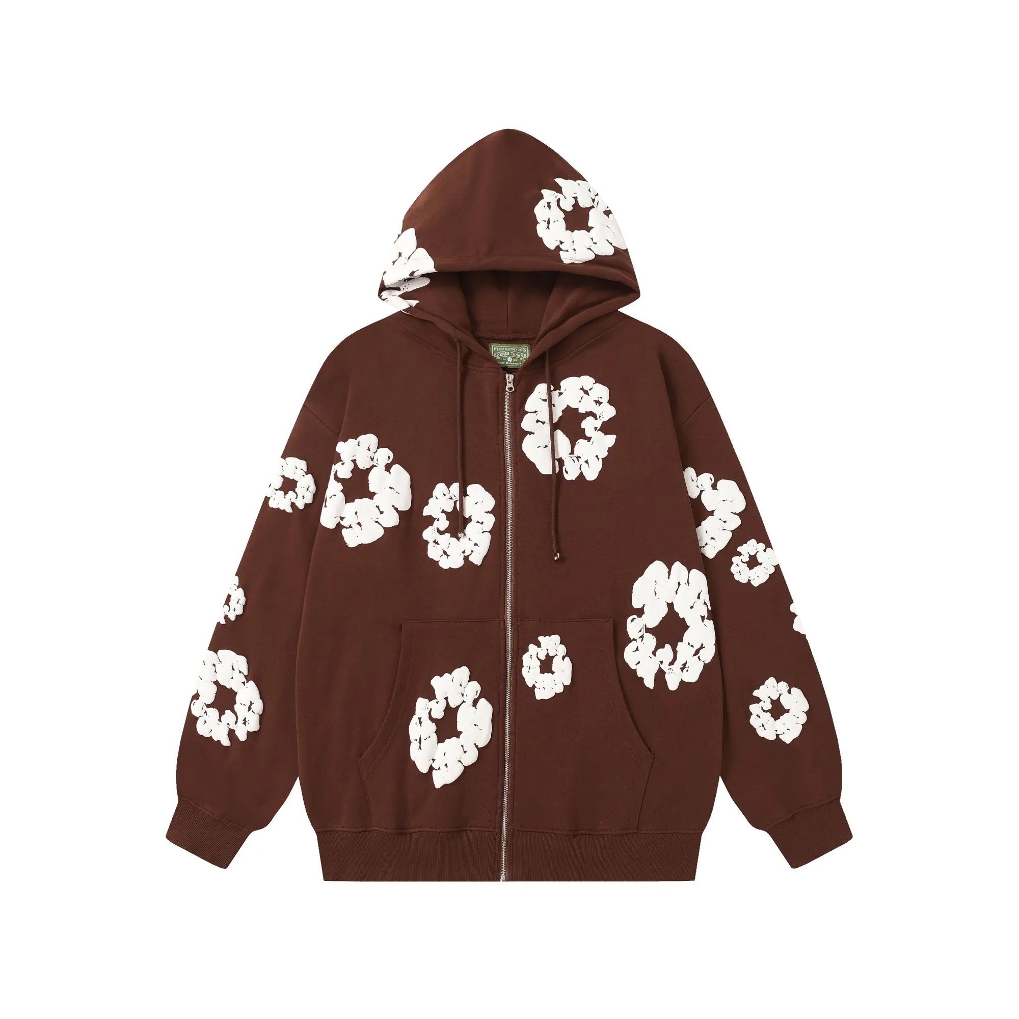 16 colors DENIM TEARS Kapok European and American trendy brand high-quality foam printed hooded sweatshirt jacket. Terry fabric weighs 380 grams. Threads are customized and dyed in the same color. Color Black Gray Blue Green Royal Blue Purple Red Orange Colorful Blue Pink White Sky Blue Brown Carbon Gray Black Gray White White Size S-XL